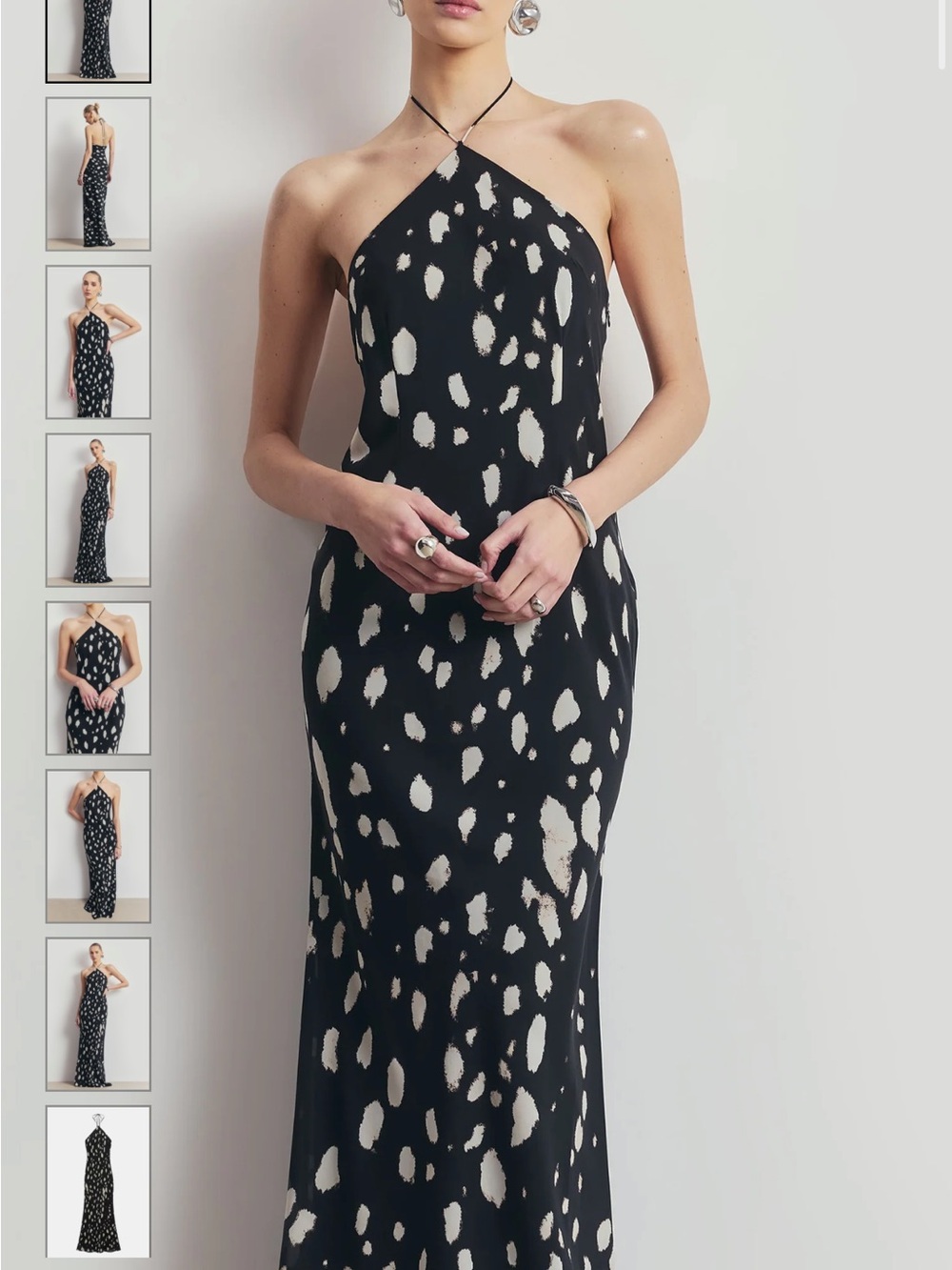 Halter Maxi Slip Dress in Black with White Spot Print